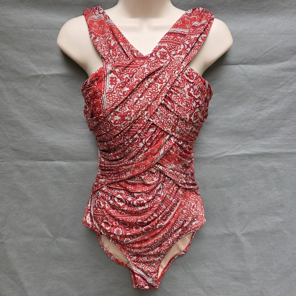Garnet Hill Red Criss Cross Ruched Front Red Blue Swim Suit Size 6 One Piece